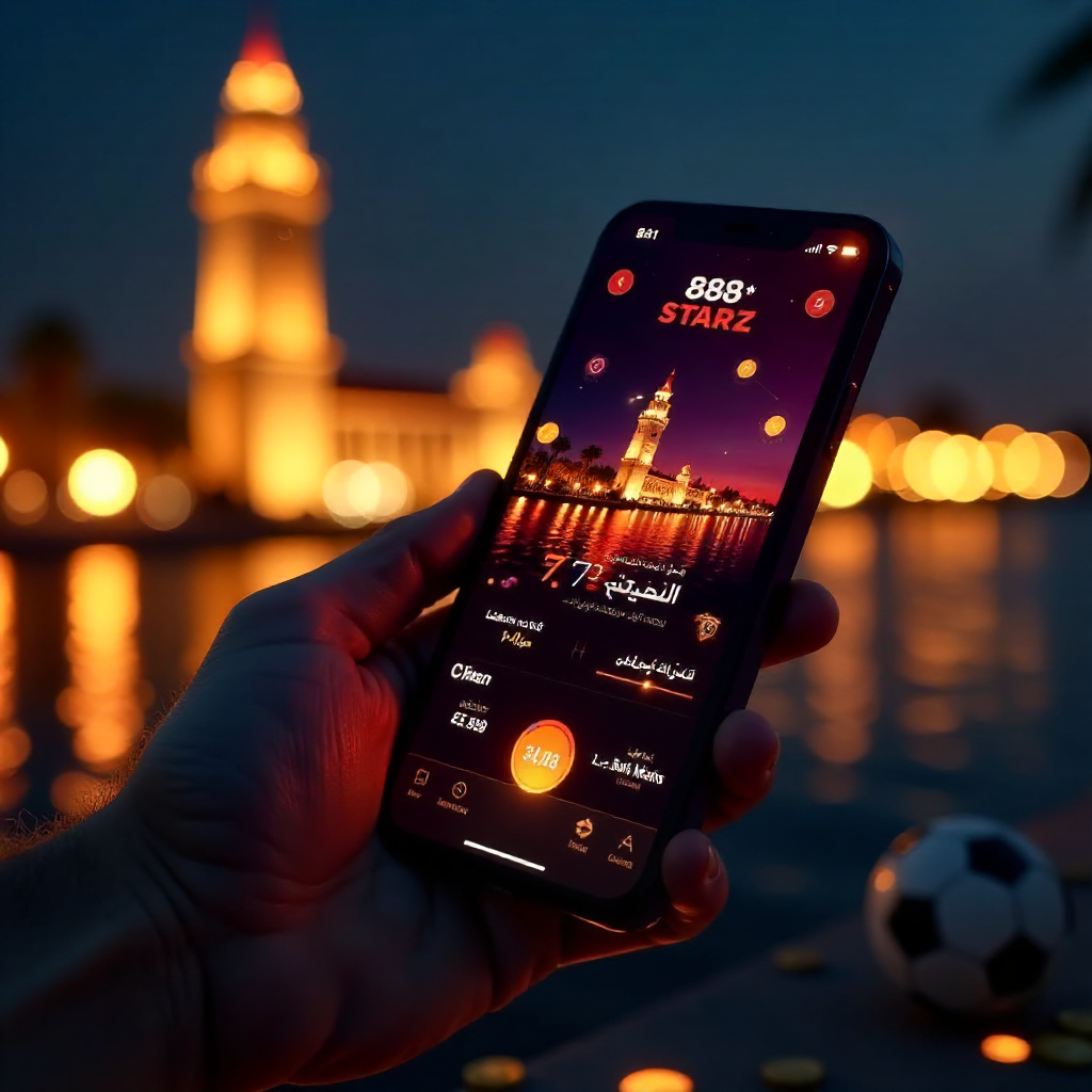 A hand holding a luxury smartphone displaying the official 888starz Egypt app with a sleek red and black interface in Arabic, background is the Cairo Tower and the Nile River at night with vibrant golden and red bokeh lights, 3D golden coins and a soccer